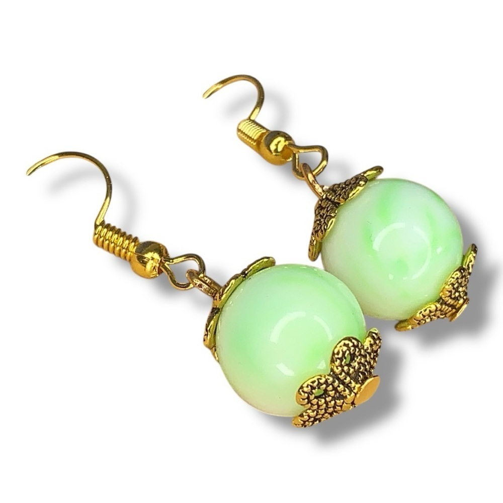 Handmade With Vintage Beads Dangle Style Earrings Gold Green UV Ornate Art Deco